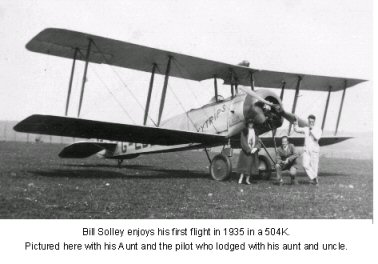 Bill Solley enjoys his first flight in 1935 in a 504K. Pictured here with his Aunt and the pilot who lodged with his aunt and uncle