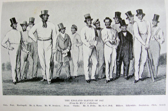 Tom Sewell Snr, born 1806, was a member of the All-England Eleven of 1847, a sound batsman, he stands at the extreme right 
